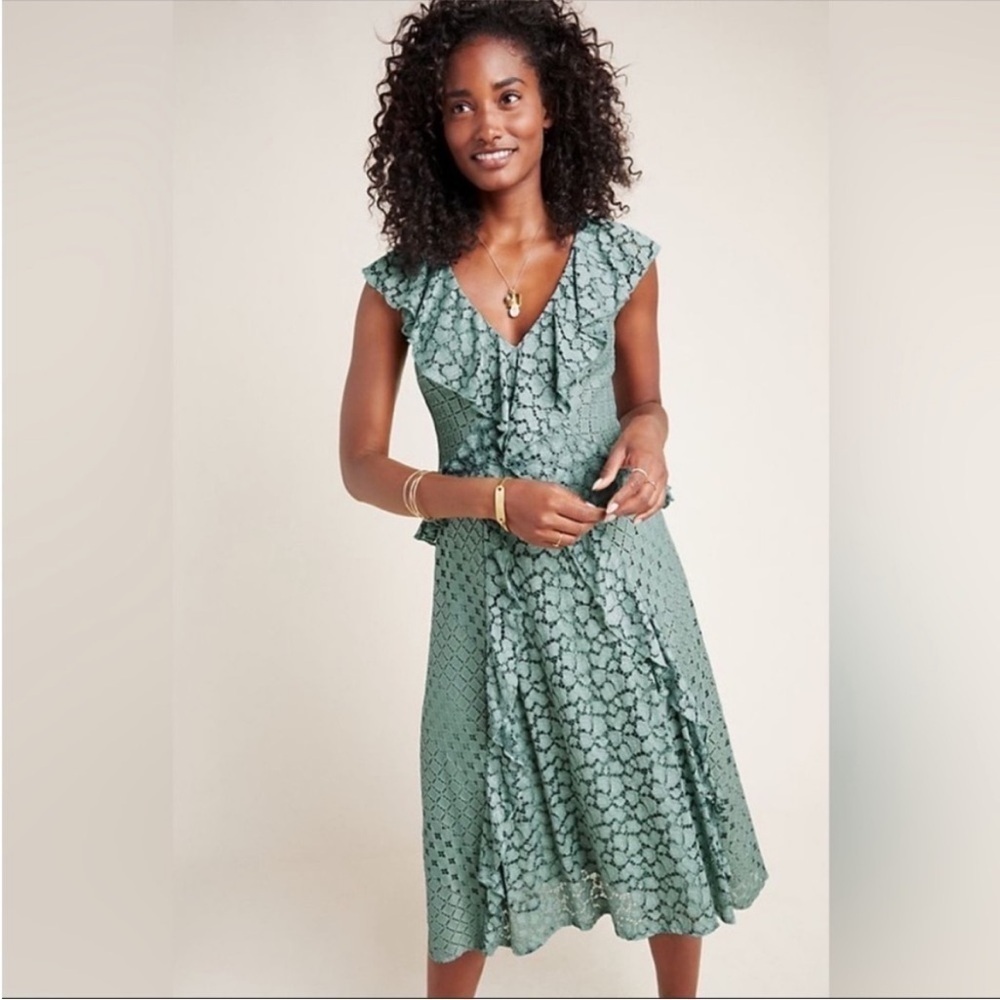 ANTHROPOLOGIE Antoinette Ruffled Midi Dress V neck Lace Mint Green Sz 4 NEW